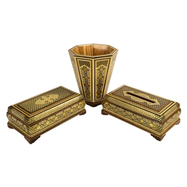 Three-Piece Khatamkari Trash Can, Tissue Box, and Knife and Fork Box Set Code A30 view 1