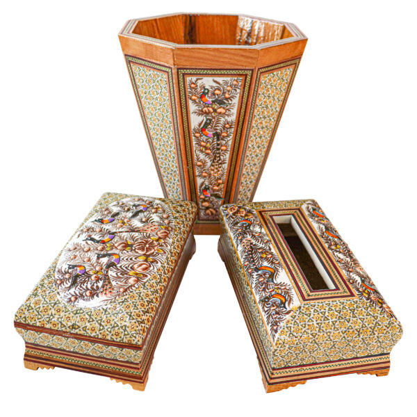 Three-Piece Khatamkari Trash Can, Tissue Box, and Knife and Fork Box Set Model Embossed Painting Code br21sim view 1