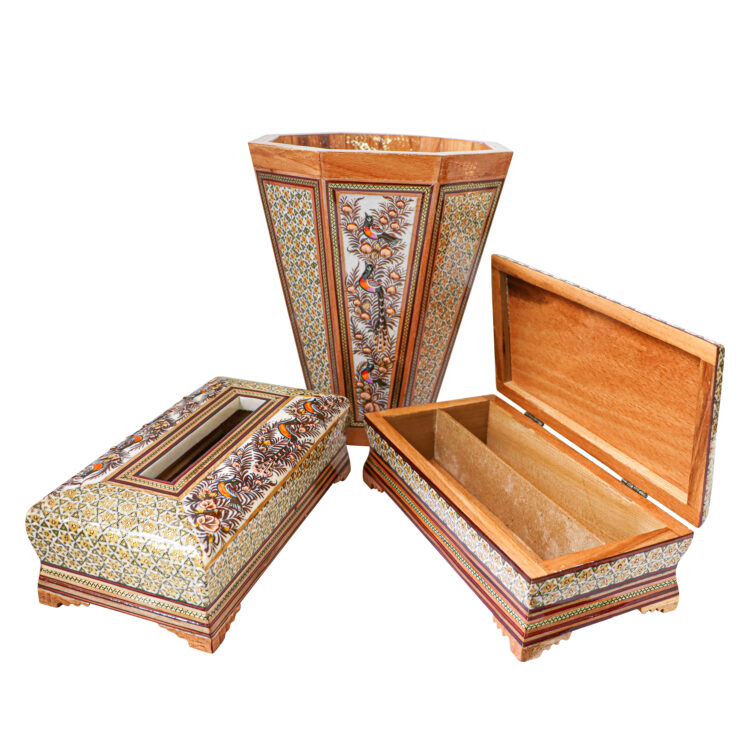 Three-Piece Khatamkari Trash Can, Tissue Box, and Knife and Fork Box Set Model Embossed Painting Code br21sim view 10