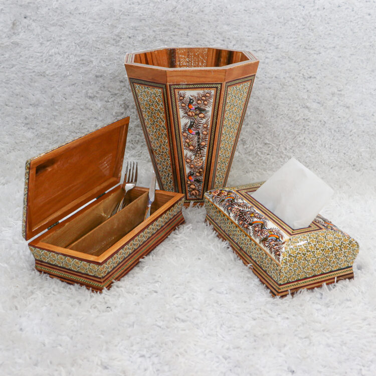 Three-Piece Khatamkari Trash Can, Tissue Box, and Knife and Fork Box Set Model Embossed Painting Code br21sim view 11