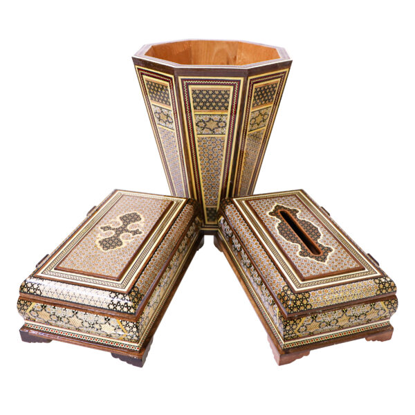 Three-Piece Khatamkari Trash Can, Tissue Box, and Knife and Fork Box Set Model Persian Supreme Code HQlight view 1