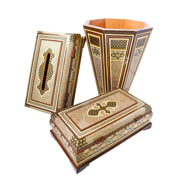 Three-Piece Khatamkari Trash Can, Tissue Box, and Knife and Fork Box Set Model Persian Supreme Code HQlight view 11