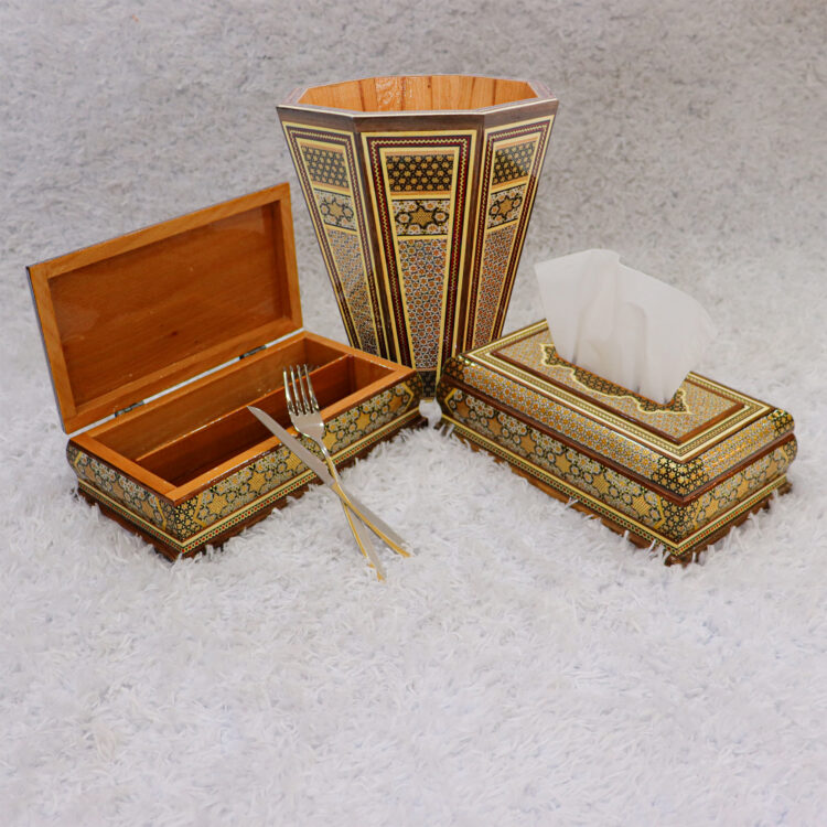 Three-Piece Khatamkari Trash Can, Tissue Box, and Knife and Fork Box Set Model Persian Supreme Code HQlight view 3