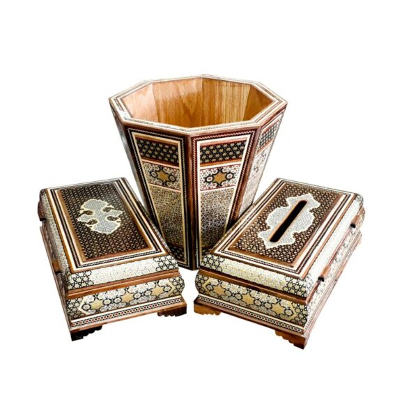 Three-Piece Khatamkari Trash Can, Tissue Box, and Knife and Fork Box Set Model Topi Code 02 B view 1