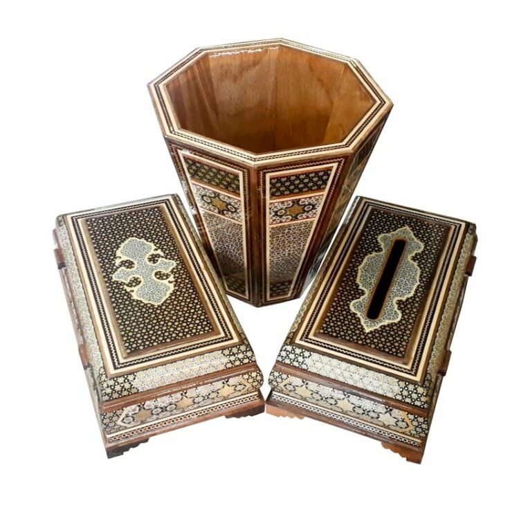 Three-Piece Khatamkari Trash Can, Tissue Box, and Knife and Fork Box Set Model Topi Code 02 B view 5