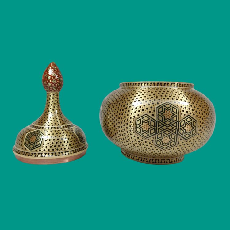 Three-Piece Khatamkari Vase and Chocolate Bowl Copper Set Code 02 view 2