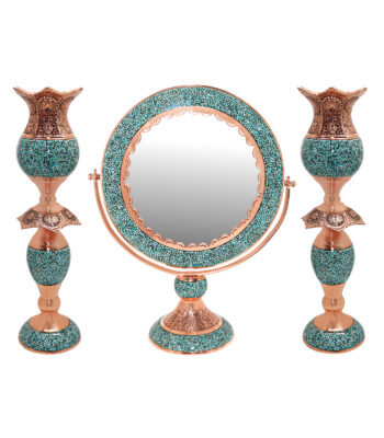 Three-piece Turquoise Inlaying (FiroozehKoobi) Mirror and Candlestick Set Model Laleh Code 555755 view 1