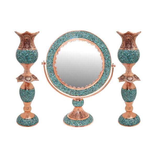 Three-piece Turquoise Inlaying (FiroozehKoobi) Mirror and Candlestick Set Model Laleh Code 555755 view 1