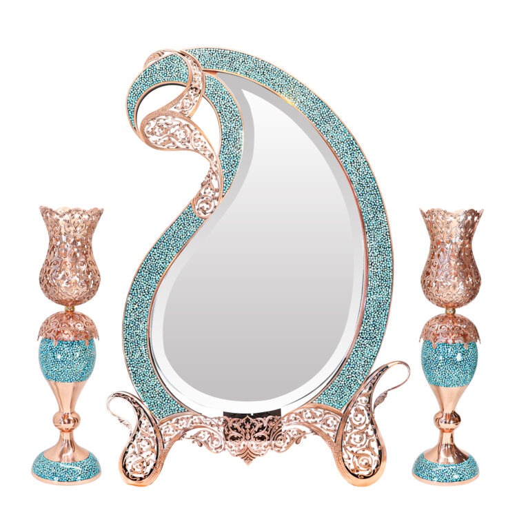 Three-piece Turquoise Inlaying (FiroozehKoobi) Mirror and Candlestick Set Model Magnificent-Art view 1