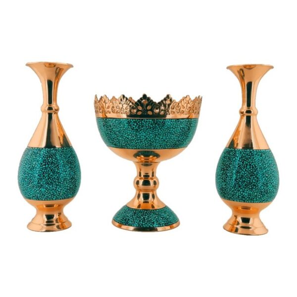 Three-piece Turquoise Inlaying (FiroozehKoobi) Vase and Nut Bowl Set Model F012 Code F064 view 1