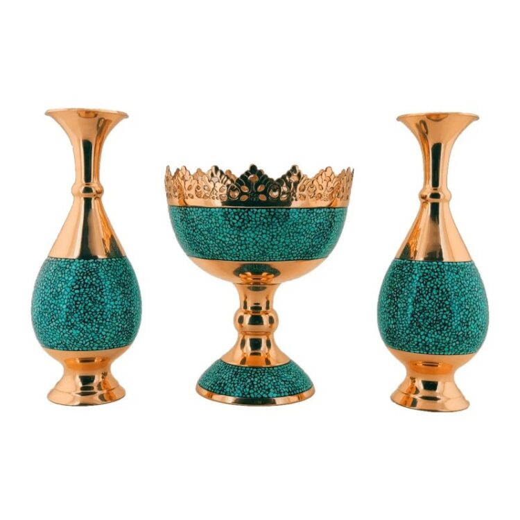 Three-piece Turquoise Inlaying (FiroozehKoobi) Vase and Nut Bowl Set Model F012 Code F064 view 1