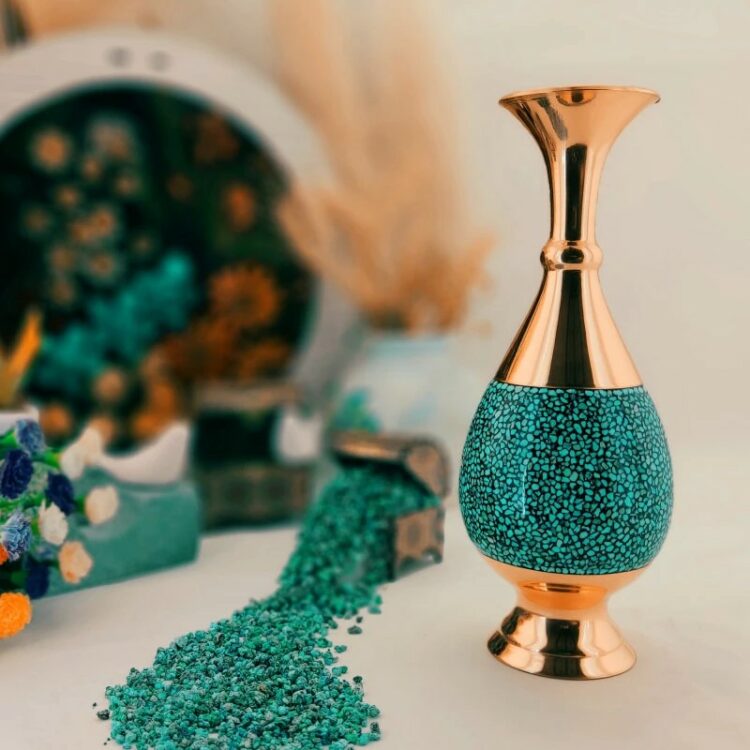 Three-piece Turquoise Inlaying (FiroozehKoobi) Vase and Nut Bowl Set Model F012 Code F064 view 2