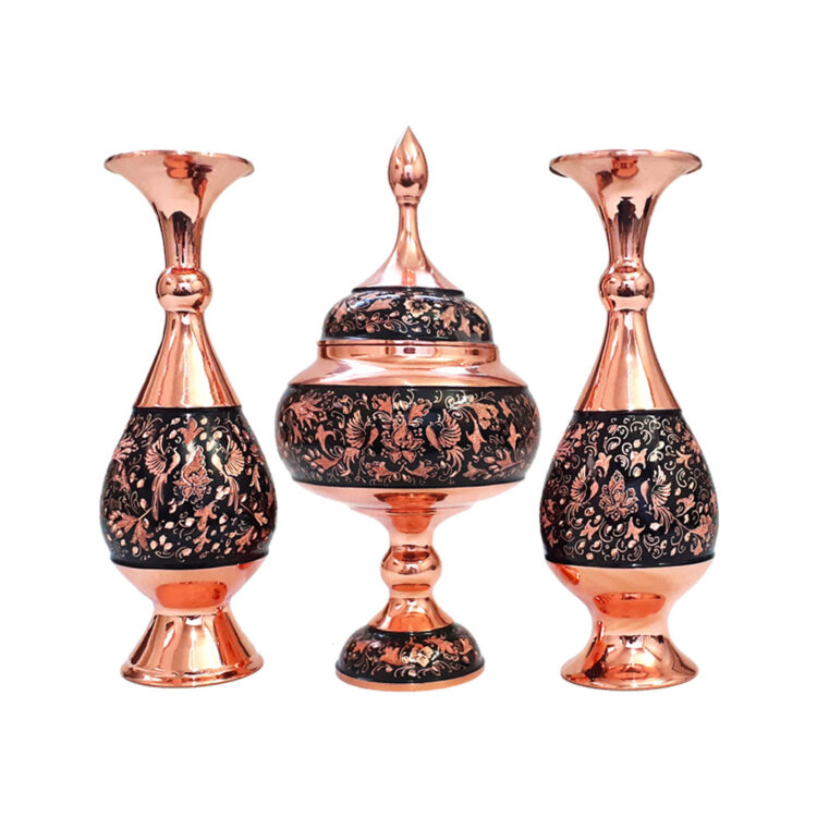 Three-Piece Vase and Chocolate Dish Set, Diamond Cut, Floral and Bird Design Code 25-3 view 1